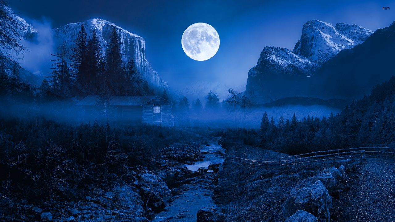 A serene bedroom scene under a full moon, with a person sleeping peacefully