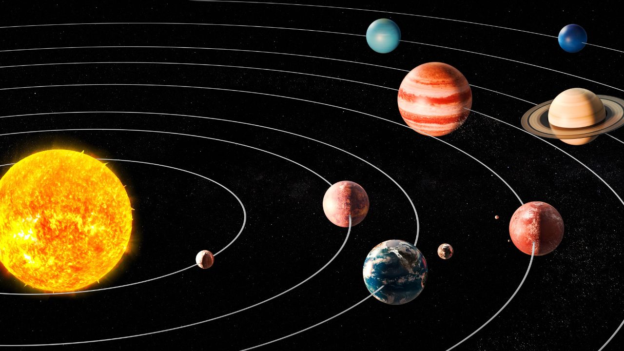Astronomical diagram of moon phases orbiting the Earth and Sun